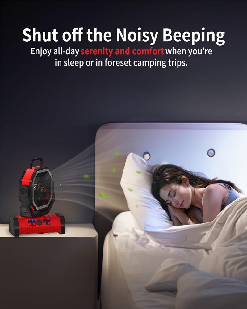 Adust Camping Portable Battery Operated Powered Fan with LED Lantern Light 20000mAh Rechargeable, Oscillating Fan with 360° Rotation Hanging Hook for Tents, Cordless USB Desk Fan(Red) - Image 2